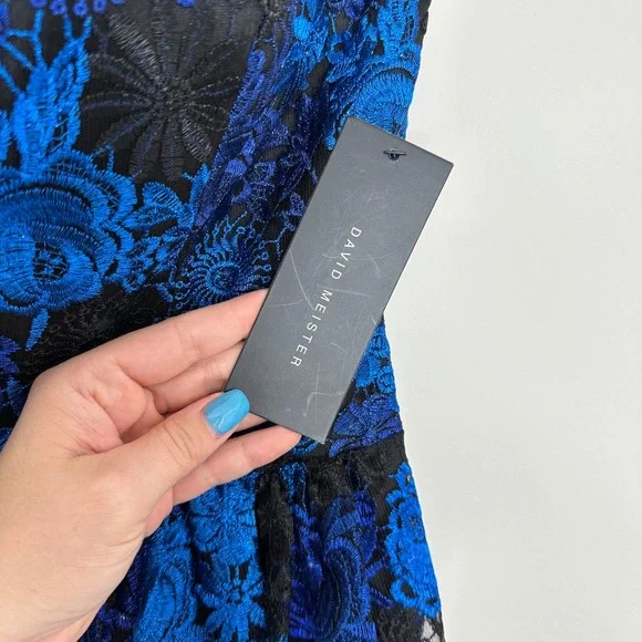 David Meister Women's Strapless Floral Lace Cobalt Blue Black Ballgown Dress‎ 8 - Picture 4 of 10